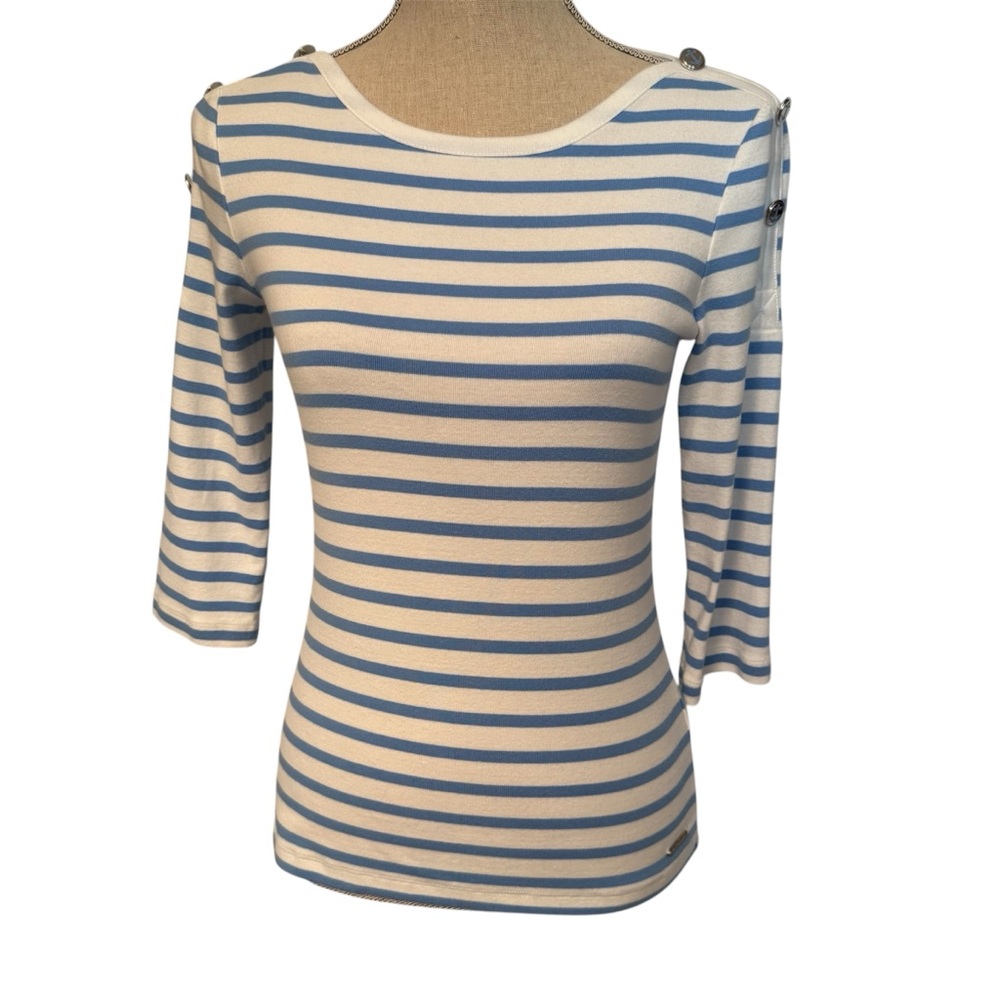 SAINT JAMES TOP TEE 3/4 SLEEVE WHITE BLUE STRIPE SIZE 6 ANCHOR BUTTON ACCENT